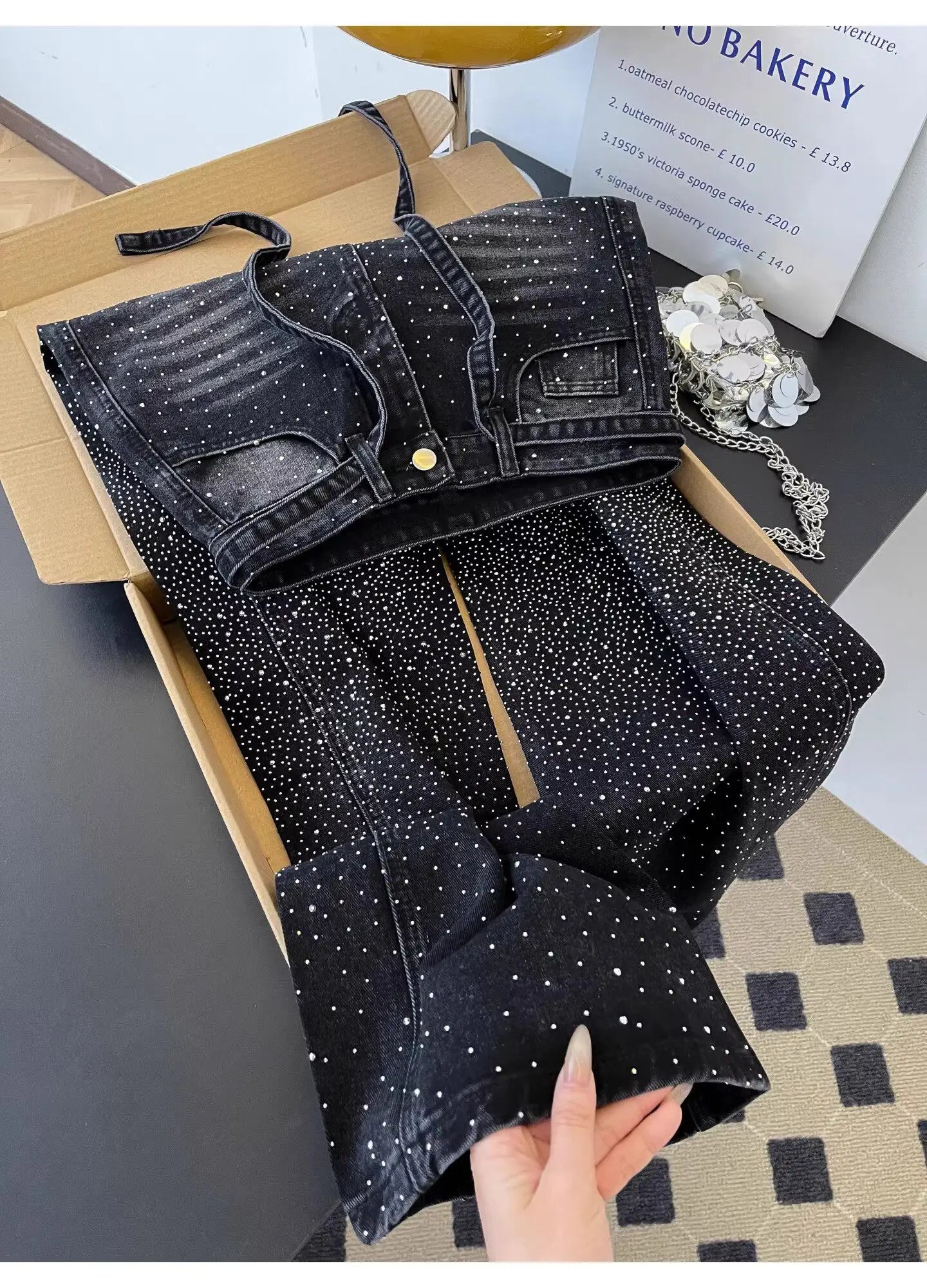 Glittering Rhinestone Wide Leg Denim Pants for Women