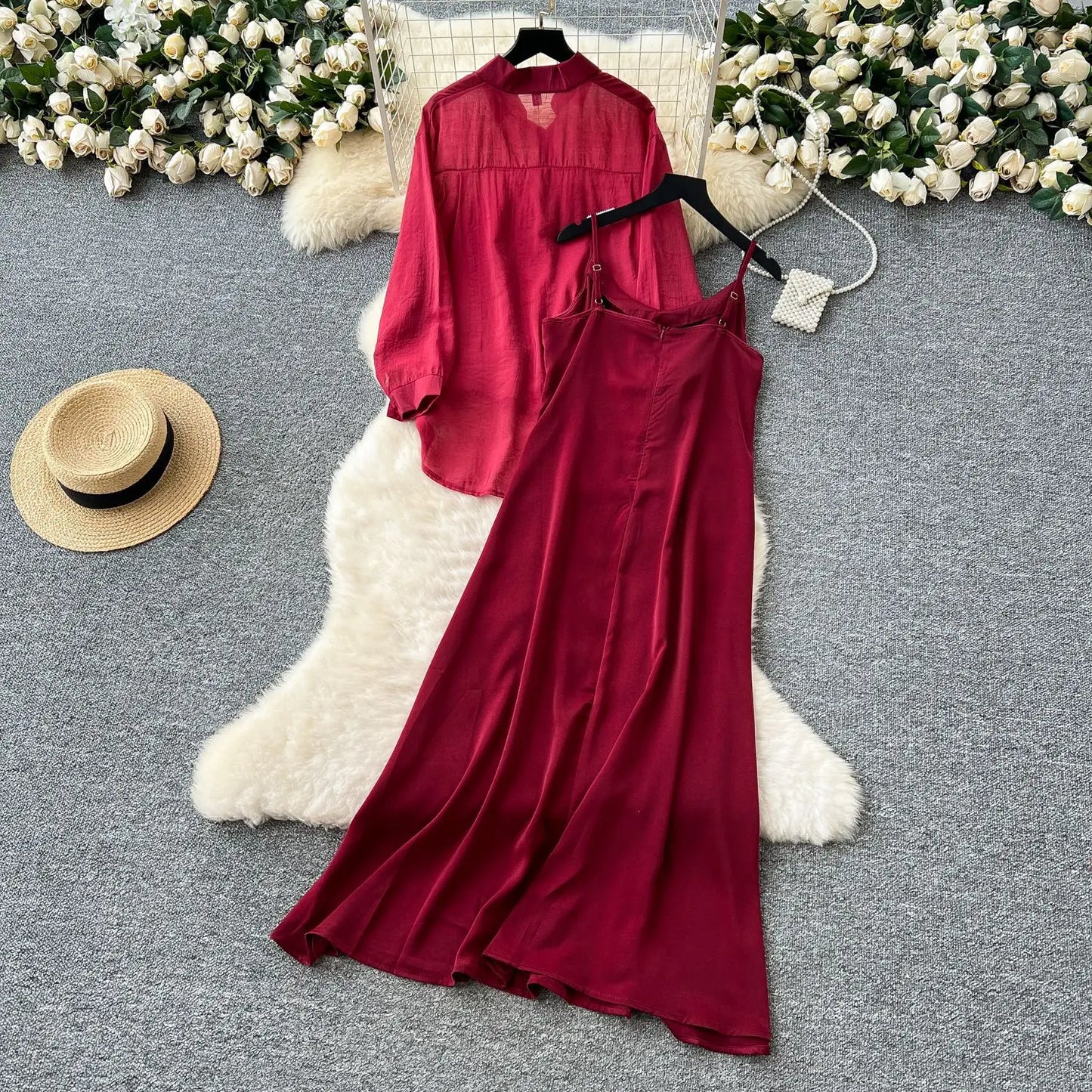 Elegant Long Sleeve Turn Down Collar Solid Color Two Piece Set for Women
