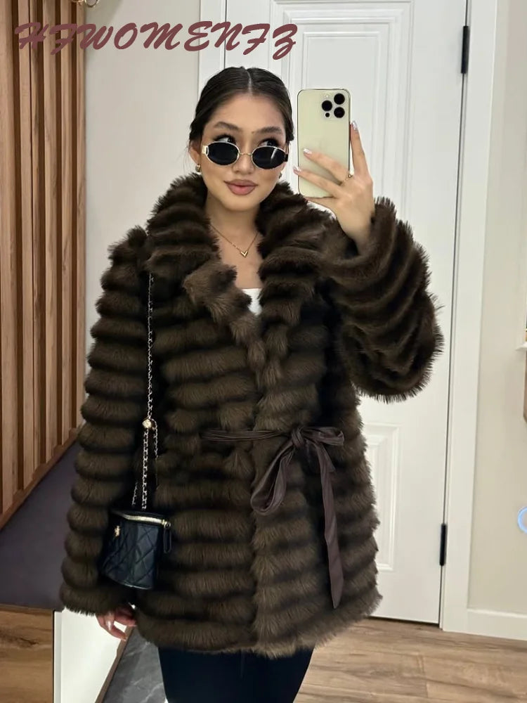 Faux Fur Belted Lapel Coat With Lace Up Front for Women