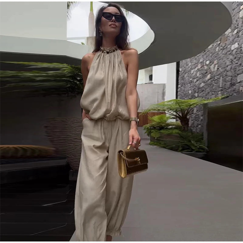 Beaded Halter Top And Lantern Pants Two Piece Set for Women