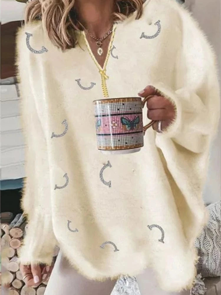 Women's V Neck Long Sleeve Sweater Casual Loose Fit Pullover Sexy Zipper Warm Knit Printed 2024 Fashion Trend for Women