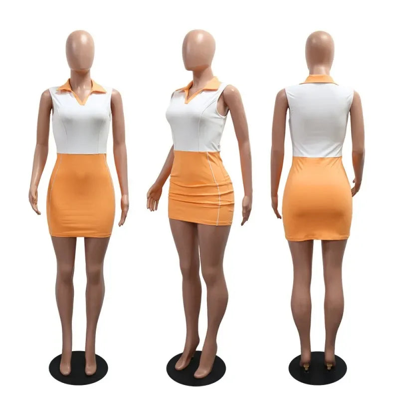 2025 Summer Women's Contrast Patchwork Lapel Sleeveless Bodycon Sporty Mini Dress Holiday Casual Comfort Streetwear S-XXL