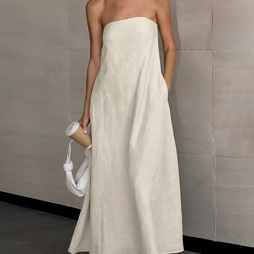 Solid Color Strapless Sleeveless Pocket Dress for Women