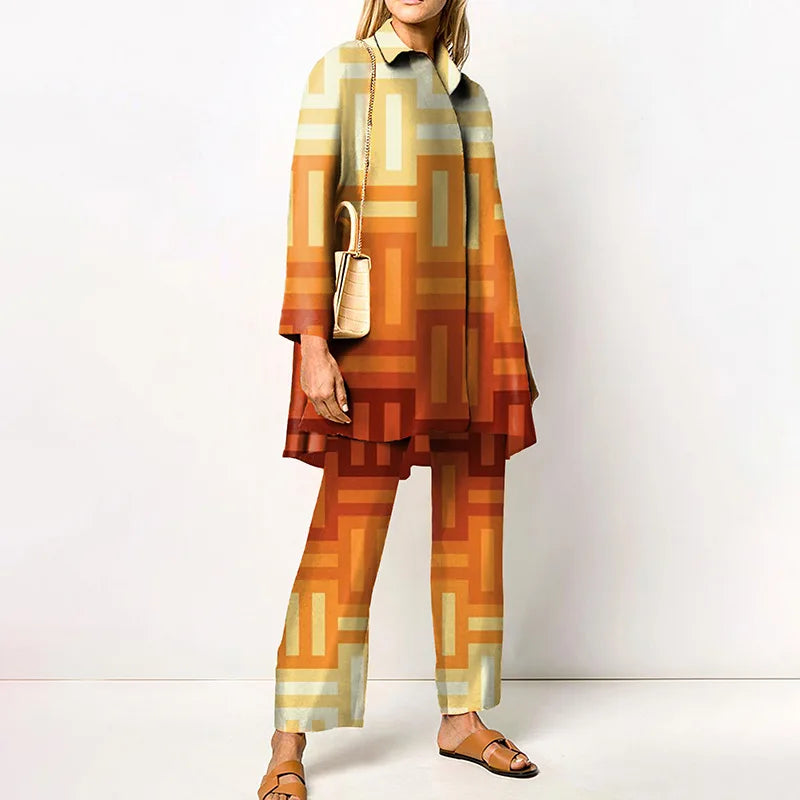 2022 Sets Womens Outfits Elegant Loungewear Print Spring Autumn 2PCS Ladies Suit Long Sleeve Wide Leg Pants Loose Fit Streetwear