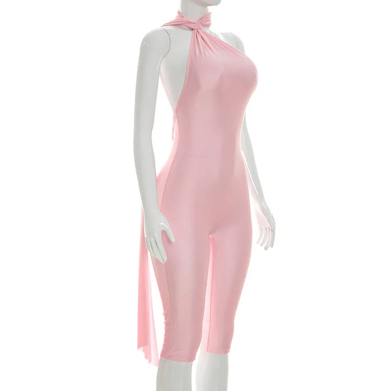 Sexy Ruched Backless Halter Bandage Jumpsuit for Women
