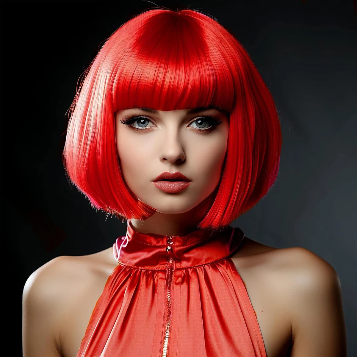 Red Short Straight Synthetic Flat Bangs Bob Wig For Women
