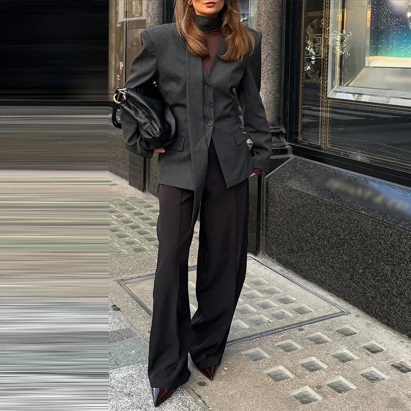 Elegant Slim V-Neck Scarf Trim Blazer Coat for Women