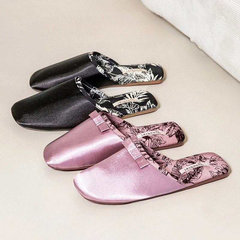 Elegant Silk Print Butterfly Knot Flat Slippers for Women