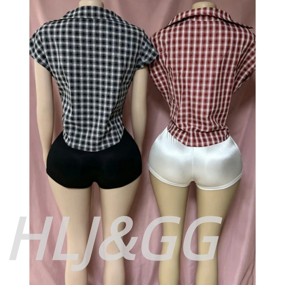 Plaid Print Deep V Neck Sleeveless Hollow Two Piece Set for Women