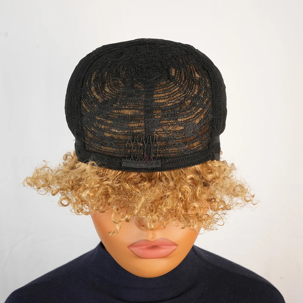 Blonde Brazilian Human Hair Wig Short Deep Wave Pixie Cut with Pre Plucked Bangs for Women Machine Made Curly 100% Human Hair