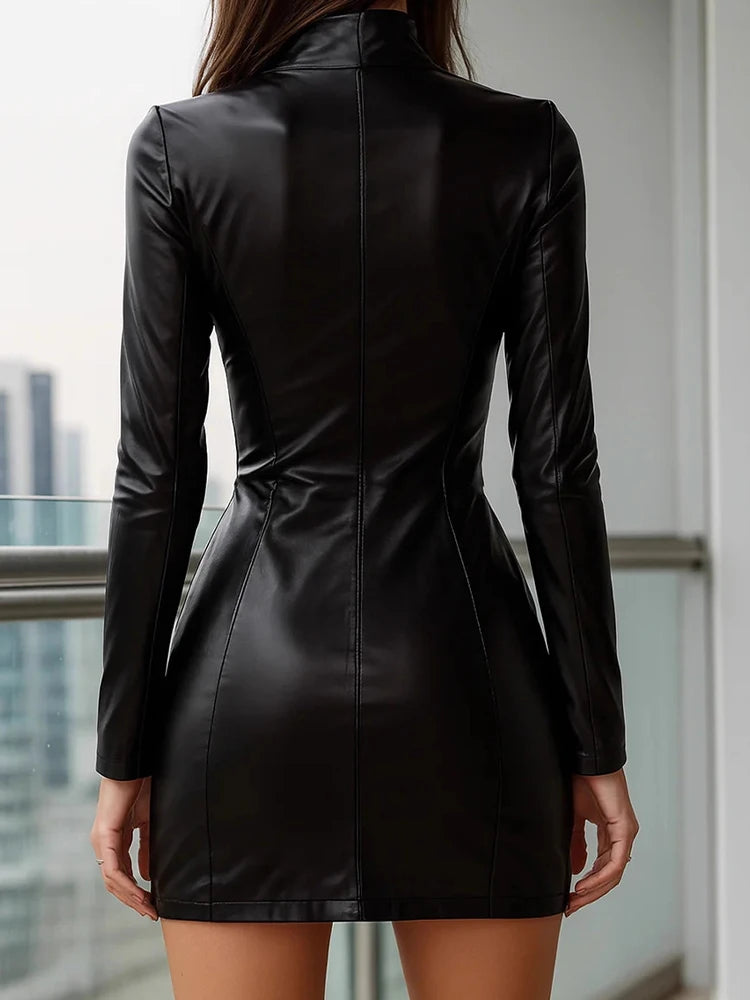 Spring Autumn Mesh Patchwork PU Leather Mini Dress Women Holiday Long Sleeve Elegant Party Dress Solid O Neck Lady Dress Vestido