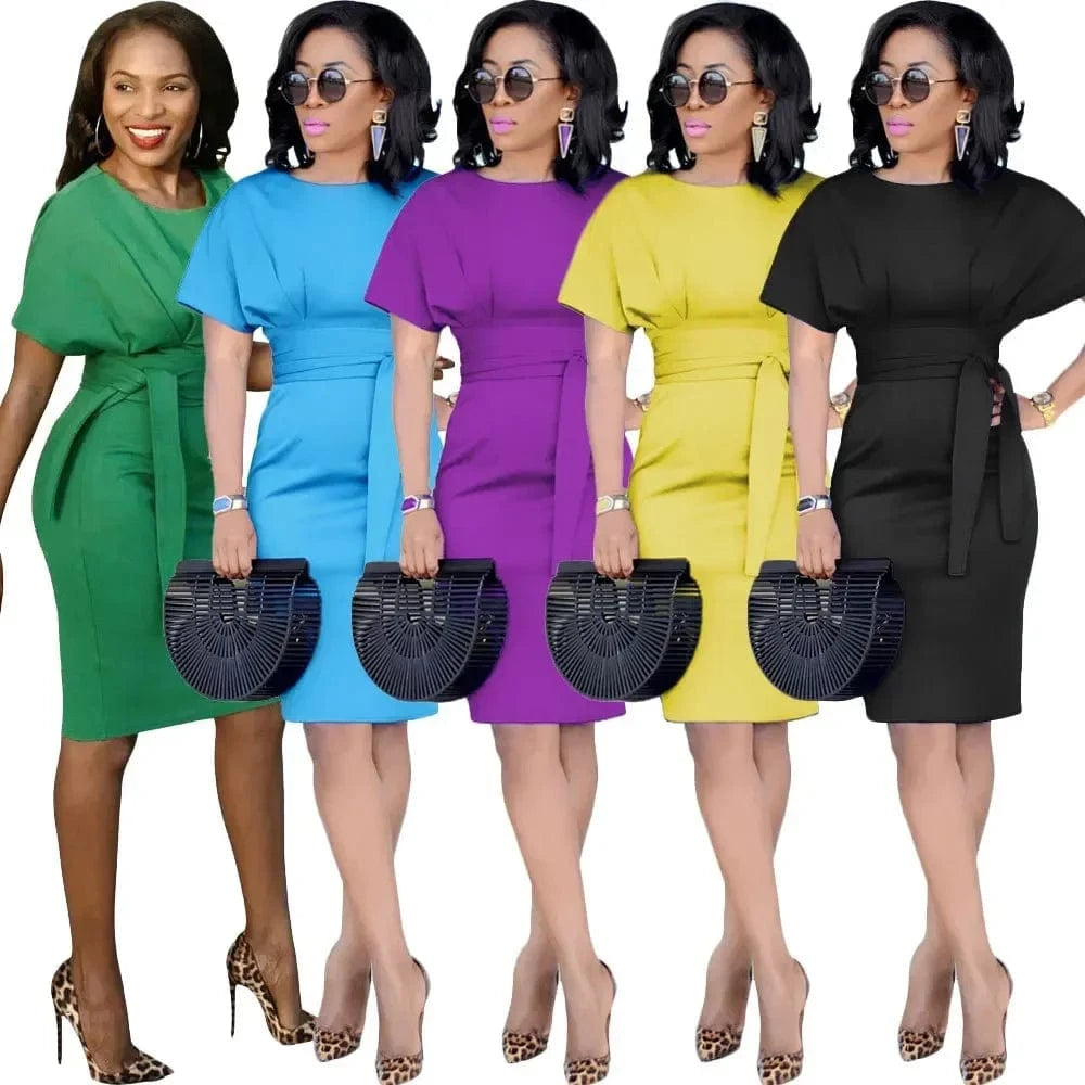 Women's Elegant Pencil Midi Dress Short Sleeve Party Cocktail Dresses with Belt