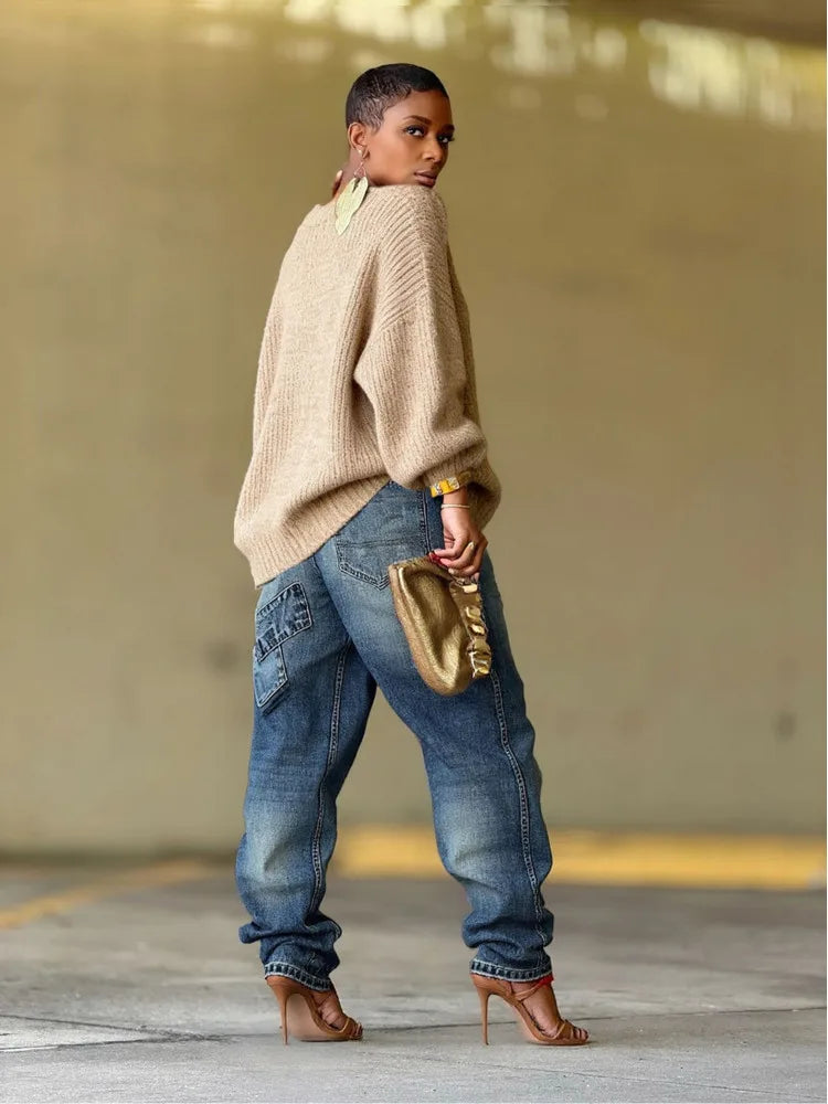 Washed Distressed Patchwork Loose Fit Jeans for Women