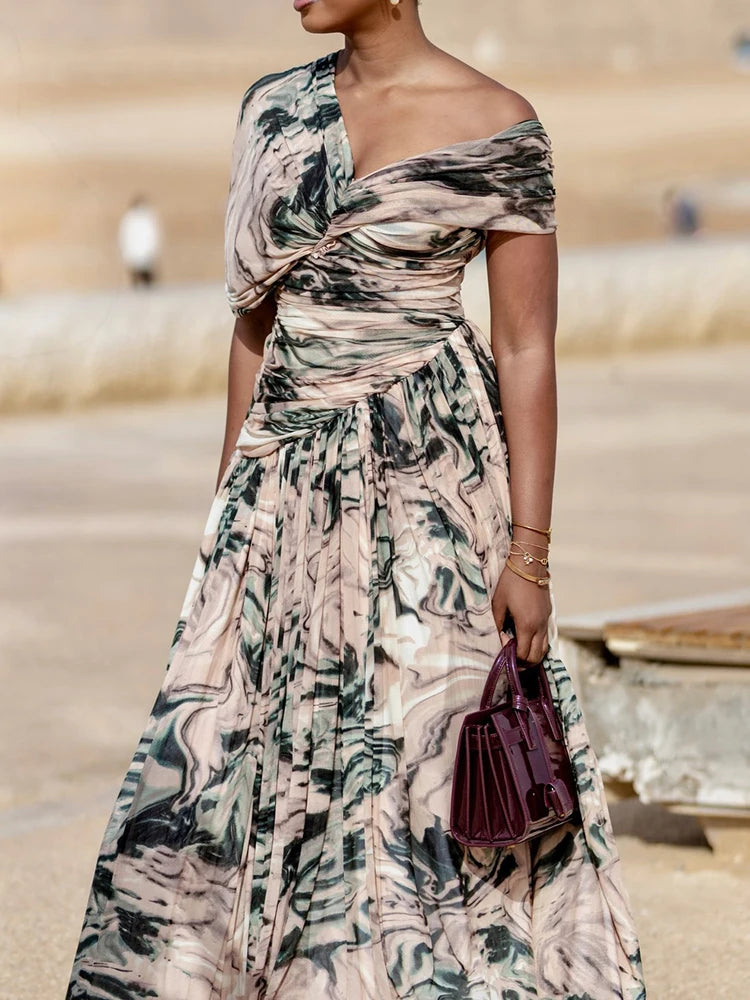 V Neck Patchwork Short Sleeve Maxi Dress for Women