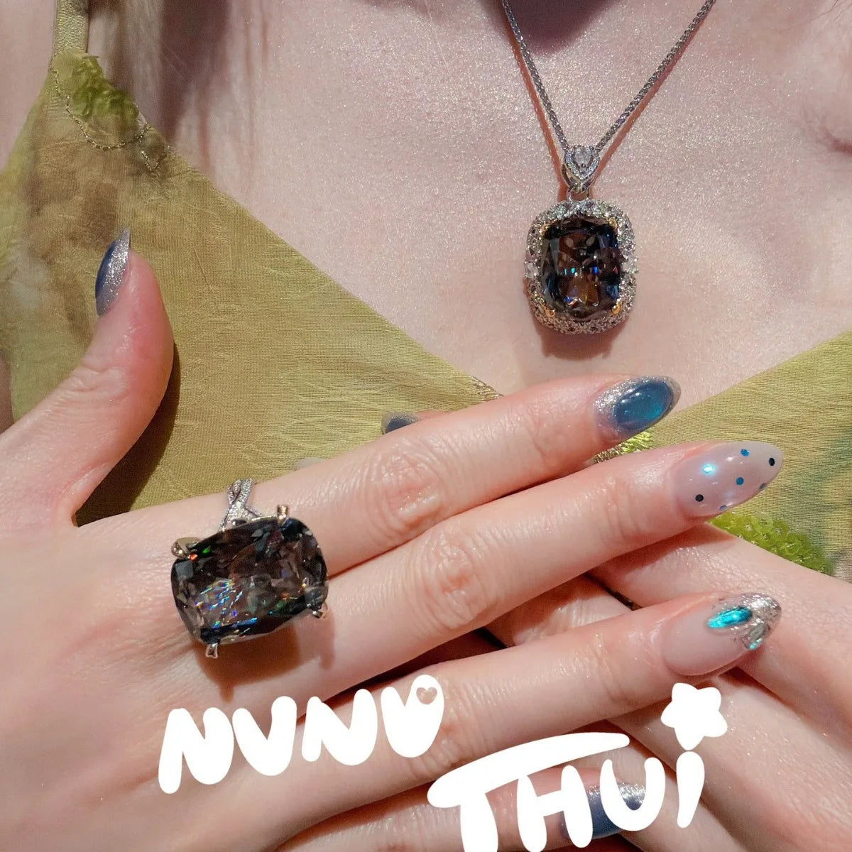 Gray Topaz Honeycomb Pendant Necklace and Ring Set for Women