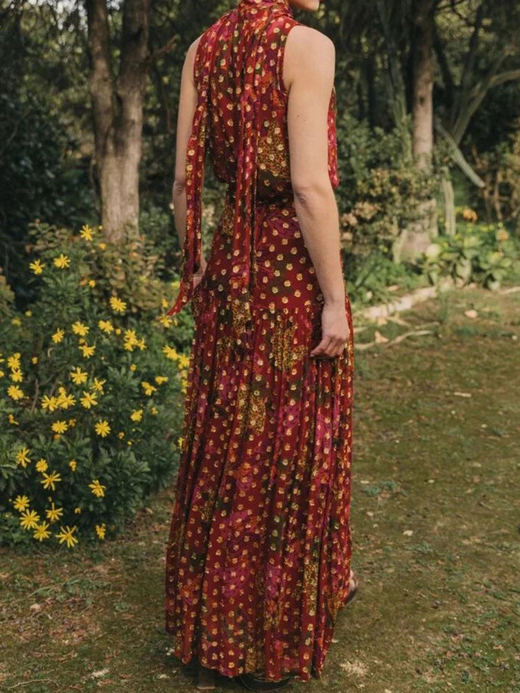 Bohemian Print Two Piece Top and Maxi Skirt Set for Women