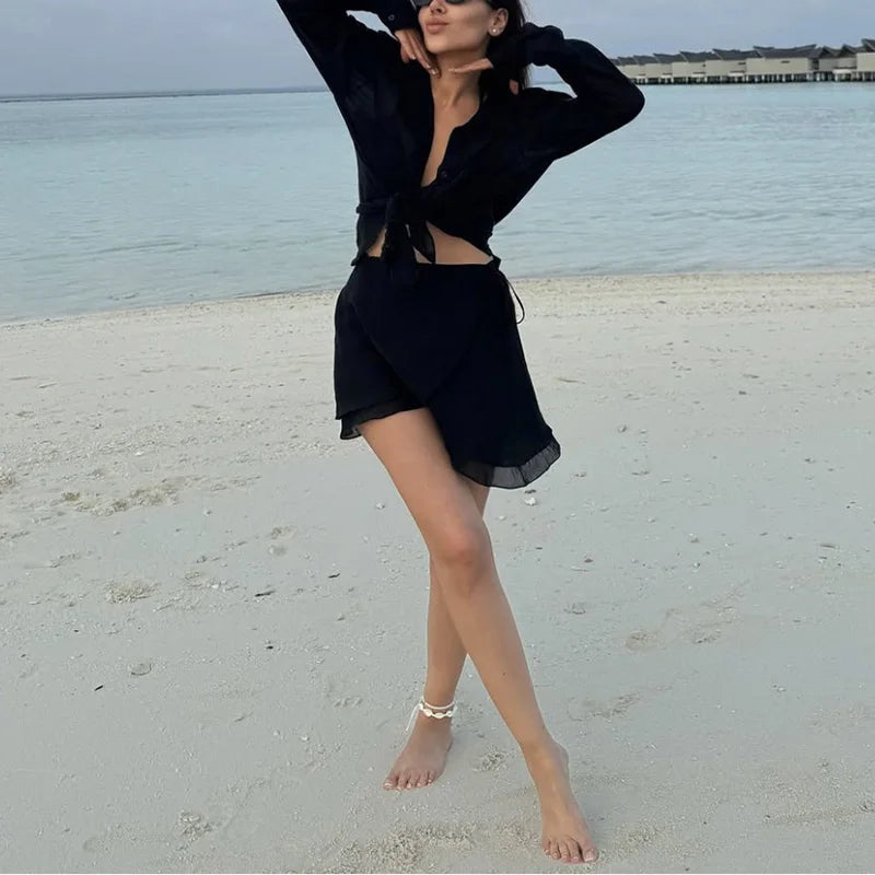 Casual Tie Up Mini Skirt Outfit 2025 Summer New Seaside Beach Sunscreen Suit Holiday Long Sleeve Single Breasted Shirt Women Set