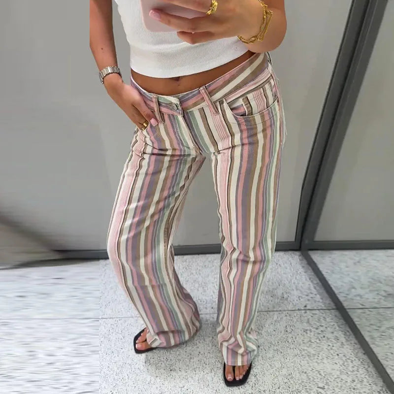 Color Block Rainbow Stripe Wide Leg Jeans for Women