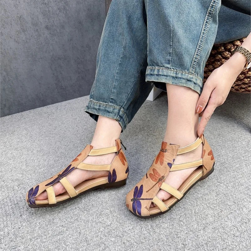 Flat Printed Genuine Leather Roman Sandals for Women