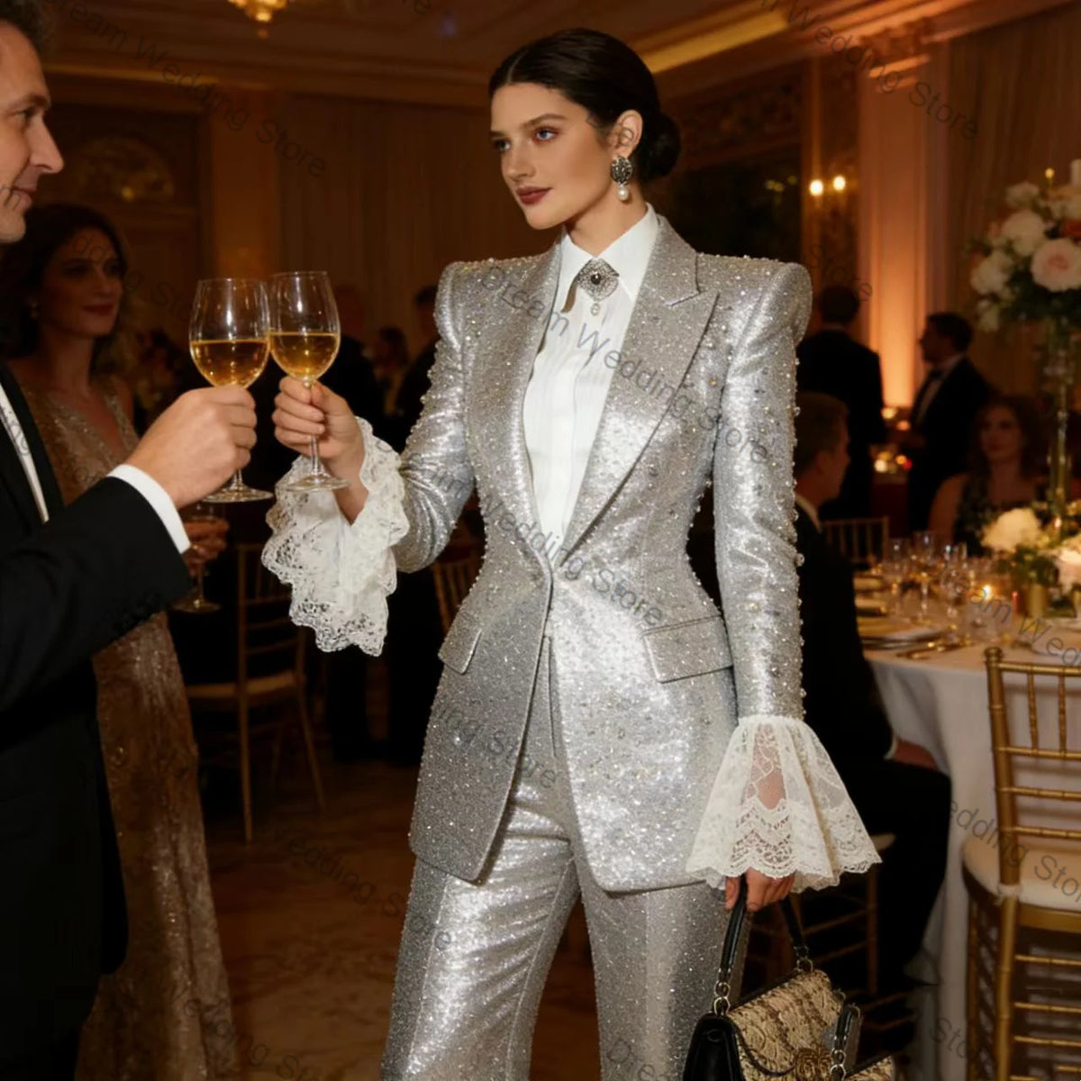 Classic Sequined Silver Two Piece Blazer And Pant Set For Women