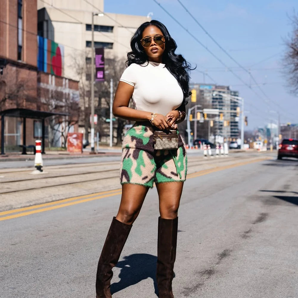 Fuzzy Camo High Waist Drawstring Shorts for Women