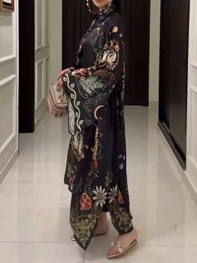 Retro Print Three Quarter Sleeve Midi Dress for Women