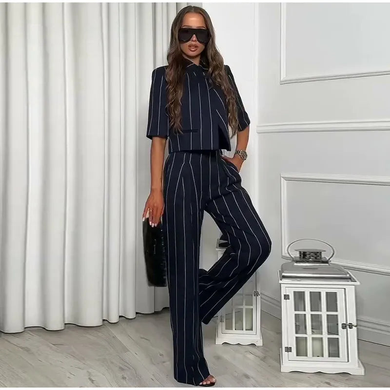 Elegant Striped Two Piece Coat and Pants Set for Women