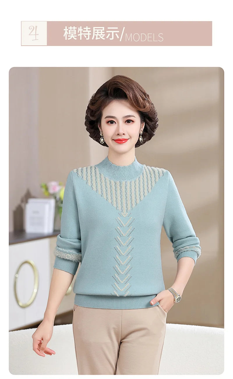 2025 Autumn New Mom's Velvet And Warm Knitted Embroidered Bottom Shirts Imitation Mink Fleece Winter Inner Plsh Thick Pullover