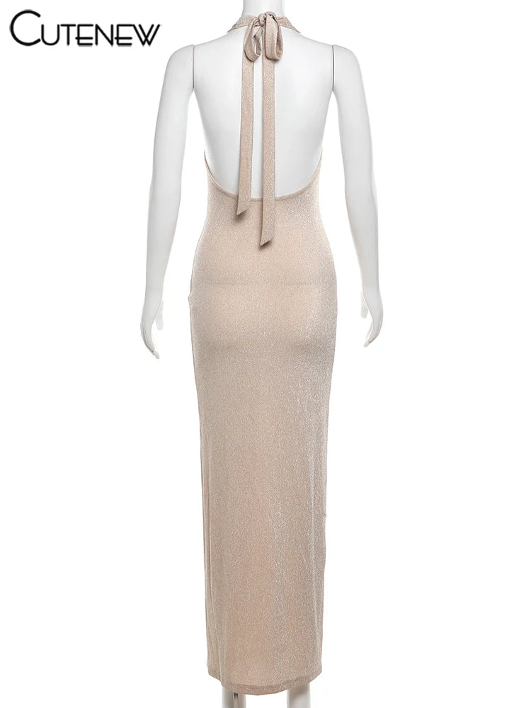 Cutenew Halter Shiny Maxi Dress Women Trend Elegant Bandage Backless Cut Out Low Neck Sleeveless Bodycon Female High Street Robe