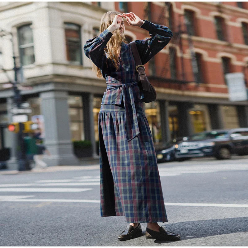 Vintage Plaid Women's Skirt Set V-neck Puff Sleeve Waist Belt Cinched Floor-length Skirt Suit Woman 2026 Spring Evening Outfits