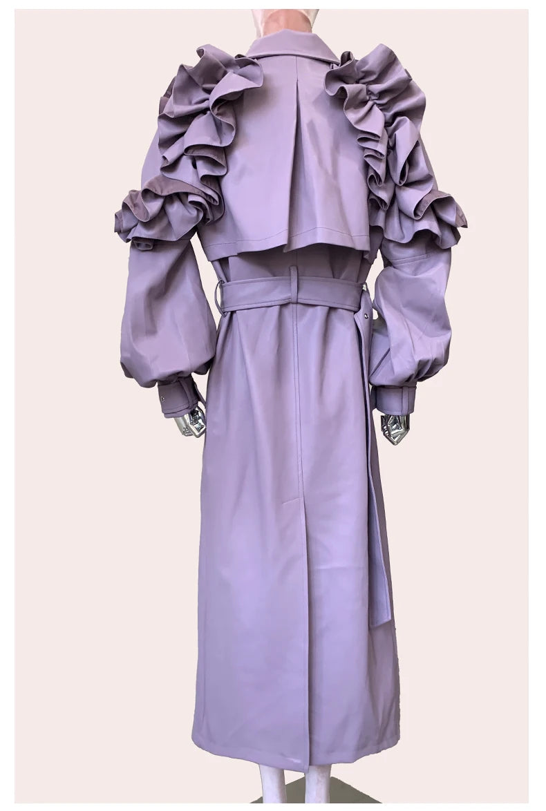 Long Purple Faux Leather Trench Coat With Ruffled Collar For Women
