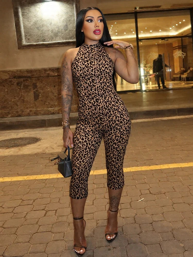 Leopard Print Backless Sleeveless Halter Romper for Women