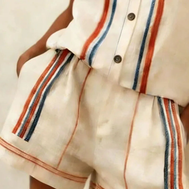High Waist Striped Button Up Two Piece Shorts Set for Women