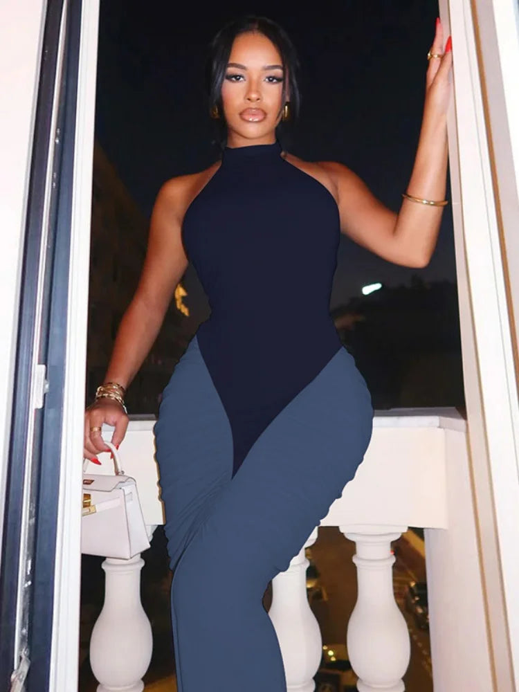 BOOFEENAA Patchwork Halter Backless Maxi Dress for Dinner Evening Gown Sexy Elegant Party Dresses for Woman Fall 2025 C15-CH41