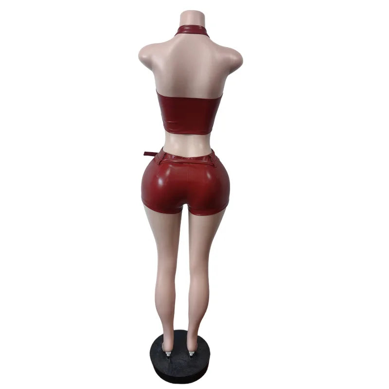 Moto Biker Faux Leather Two Piece Shorts Set for Women