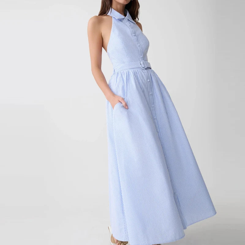 Vintage Striped Belted Ankle Length Shirt Dress for Women