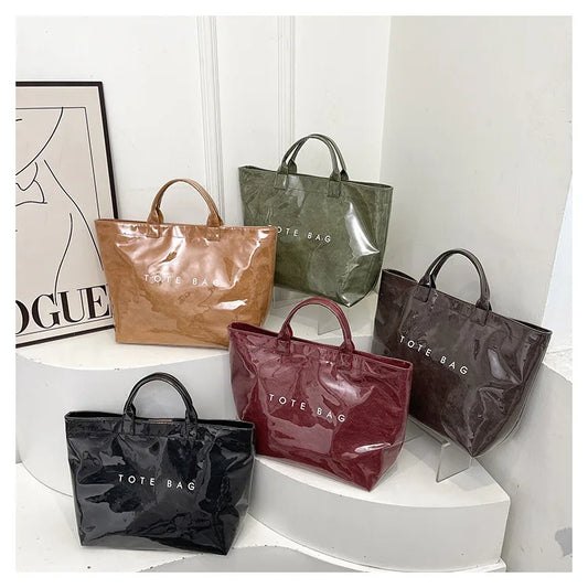 Kraft paper jelly waterproof bag, women's new retro commuting large capacity DuPont paper tote bag