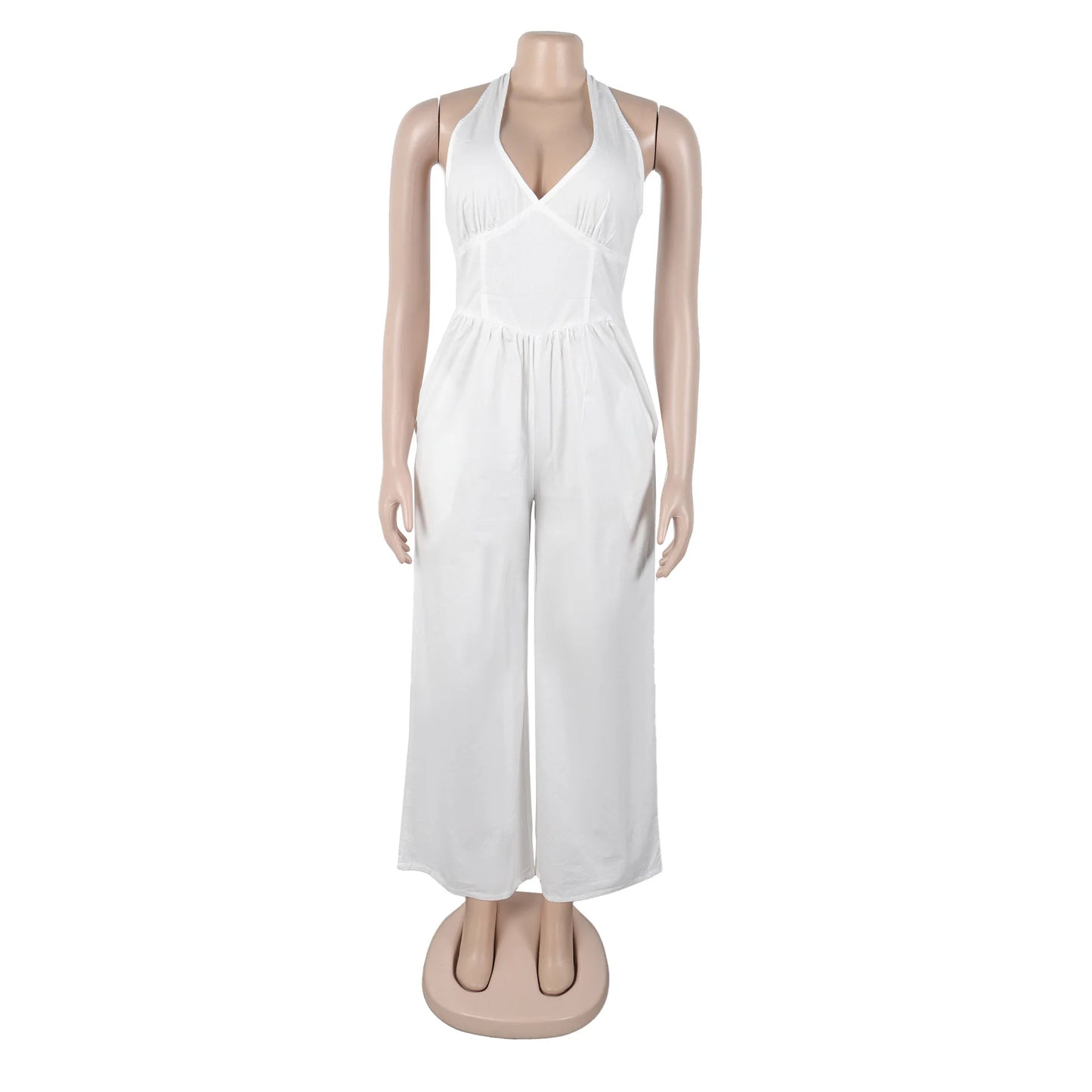 Elegant V-Neck Halter Solid Wide-Leg Jumpsuit for Women