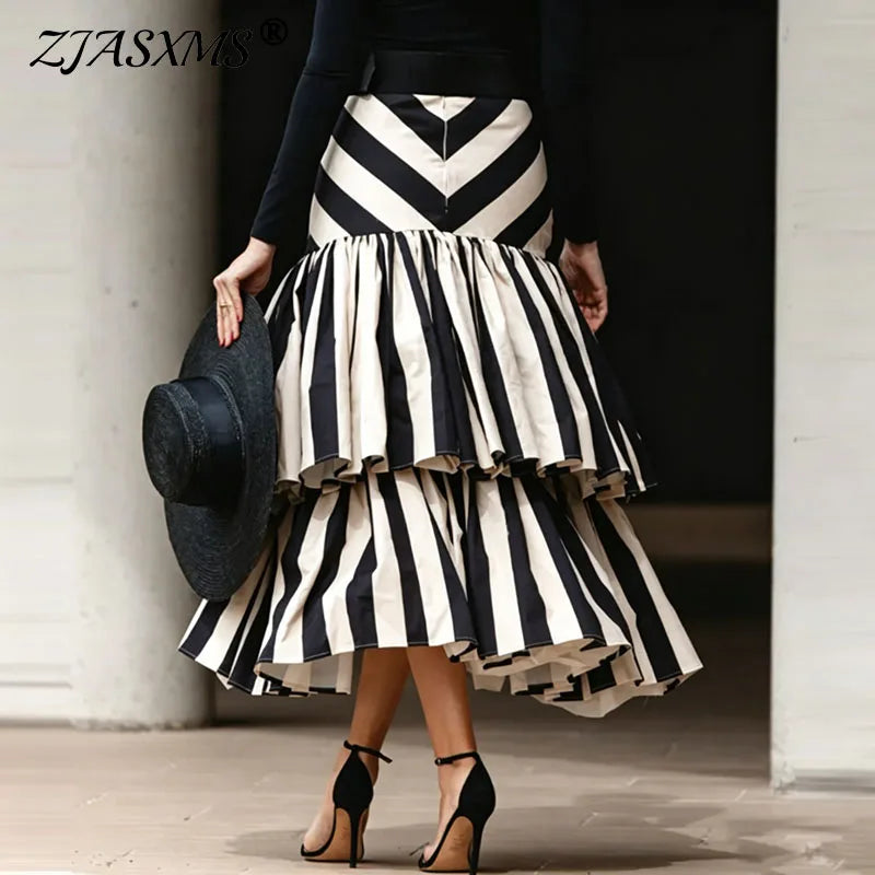 Striped High Waisted Asymmetric Tiered Maxi Skirt for Women