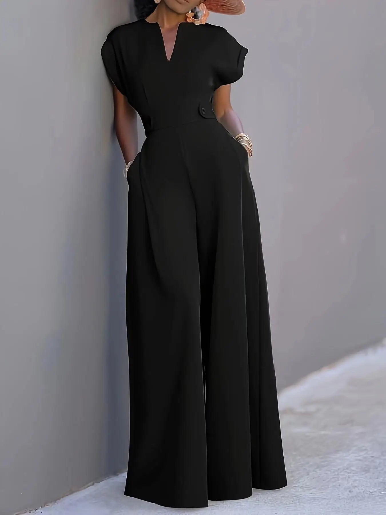 Elegant V Neck High Waist Wide Leg Sleeveless Jumpsuit for Women