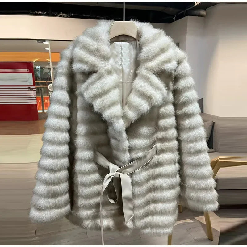 Faux Fur Belted Lapel Coat With Lace Up Front for Women