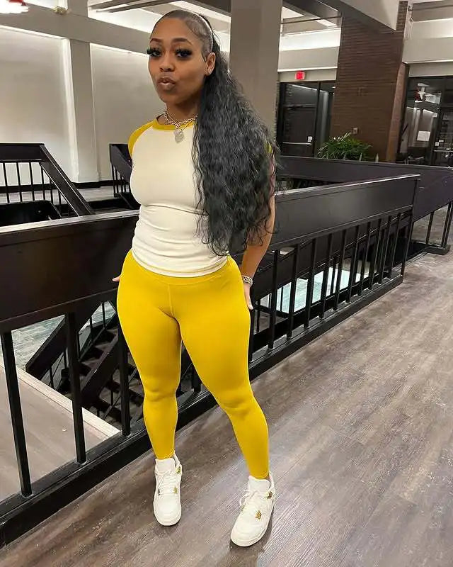 FAGADOER Casual Sporty 2 Pieces Set for Woman Color Block Short Sleeve T Shirts + Leggings Pants Tracksuits Female  Clothing New