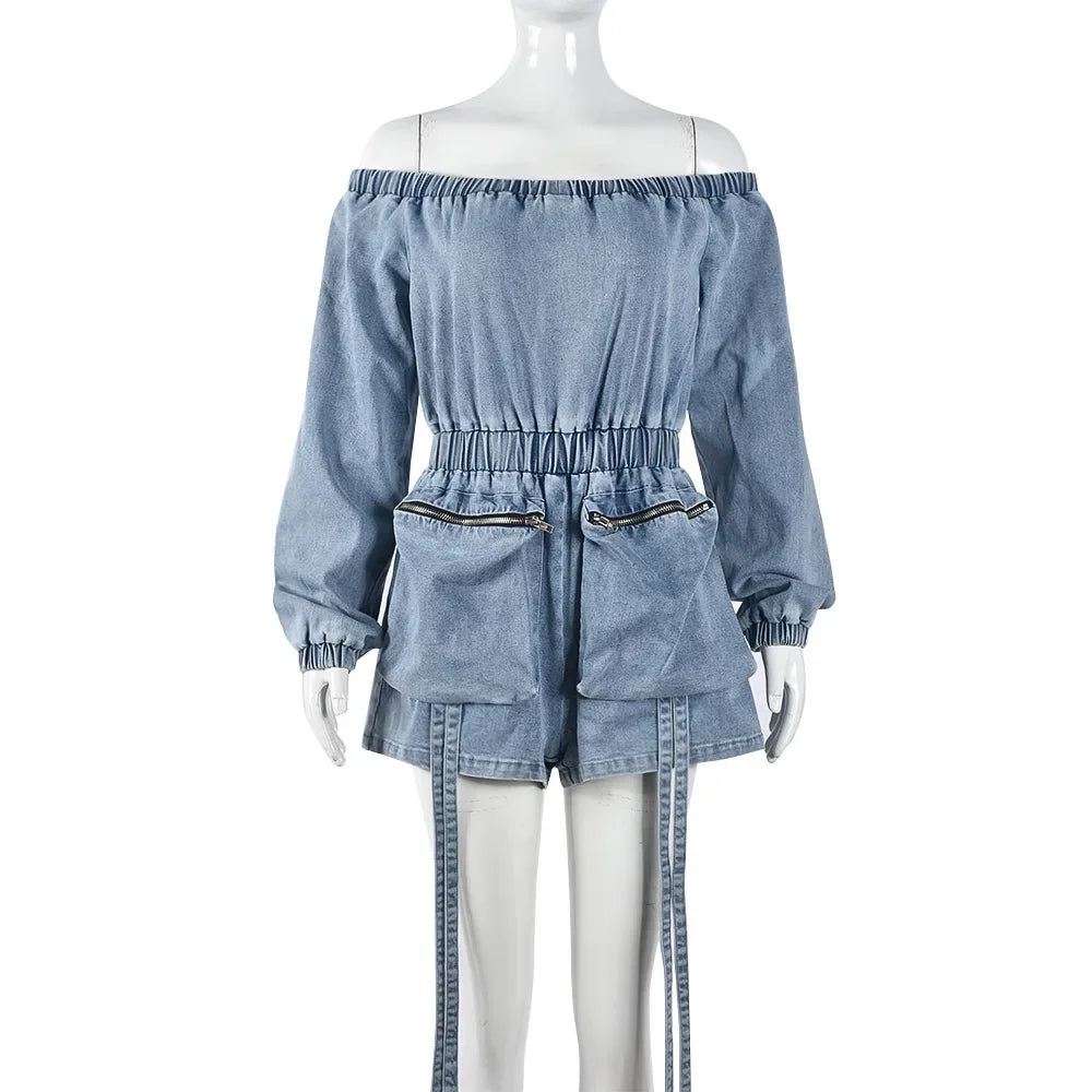 Denim Jumpsuit Womens Clothing Pocket Sexy  Chest Hugging Elastic Waist Long Sleeves Conjoined Body Shorts for Female Streetwear