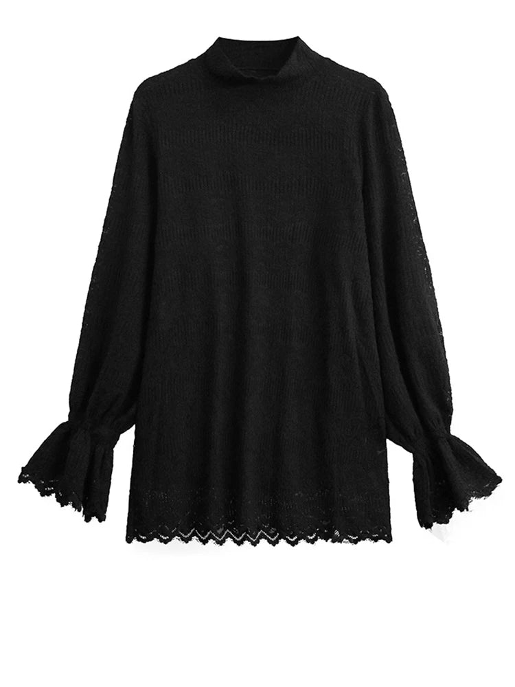 [EAM] Women Black Lace Thin Big Size Elegant T-shirt New Turtleneck Long Flare Sleeve Fashion Tide Spring Autumn 2025 1DH9265