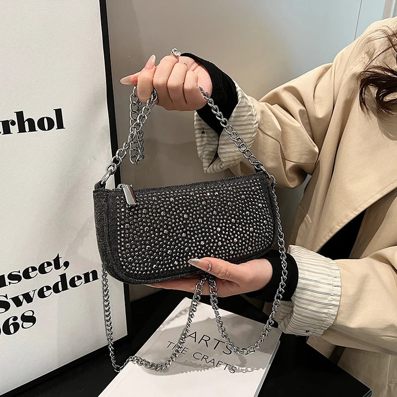 Rhinestone Appliqued Chain Shoulder Crossbody Bags for Women