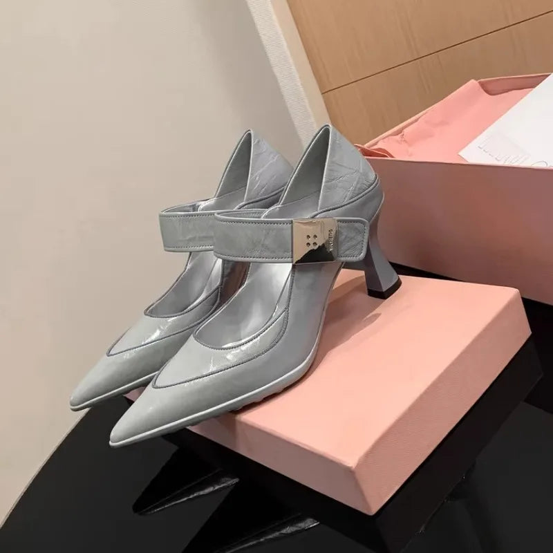Soft Leather Pointed Toe Pumps With Metal Buckle for Women