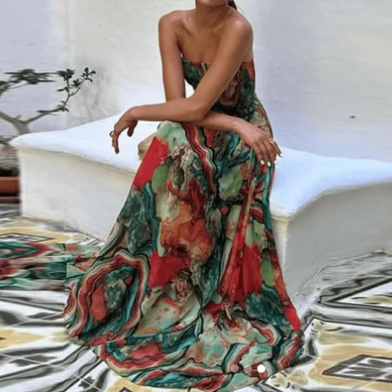 Casual Vacation Sleeveless Bohemian Dress New Summer Off Shoulder Evening Dress Pattern Printed Strapless High Waist Women Dress