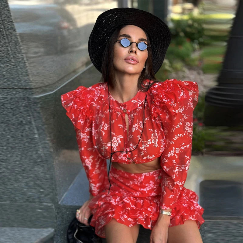 Red Print Butterfly Sleeve Hollow Out Skirt Set for Women