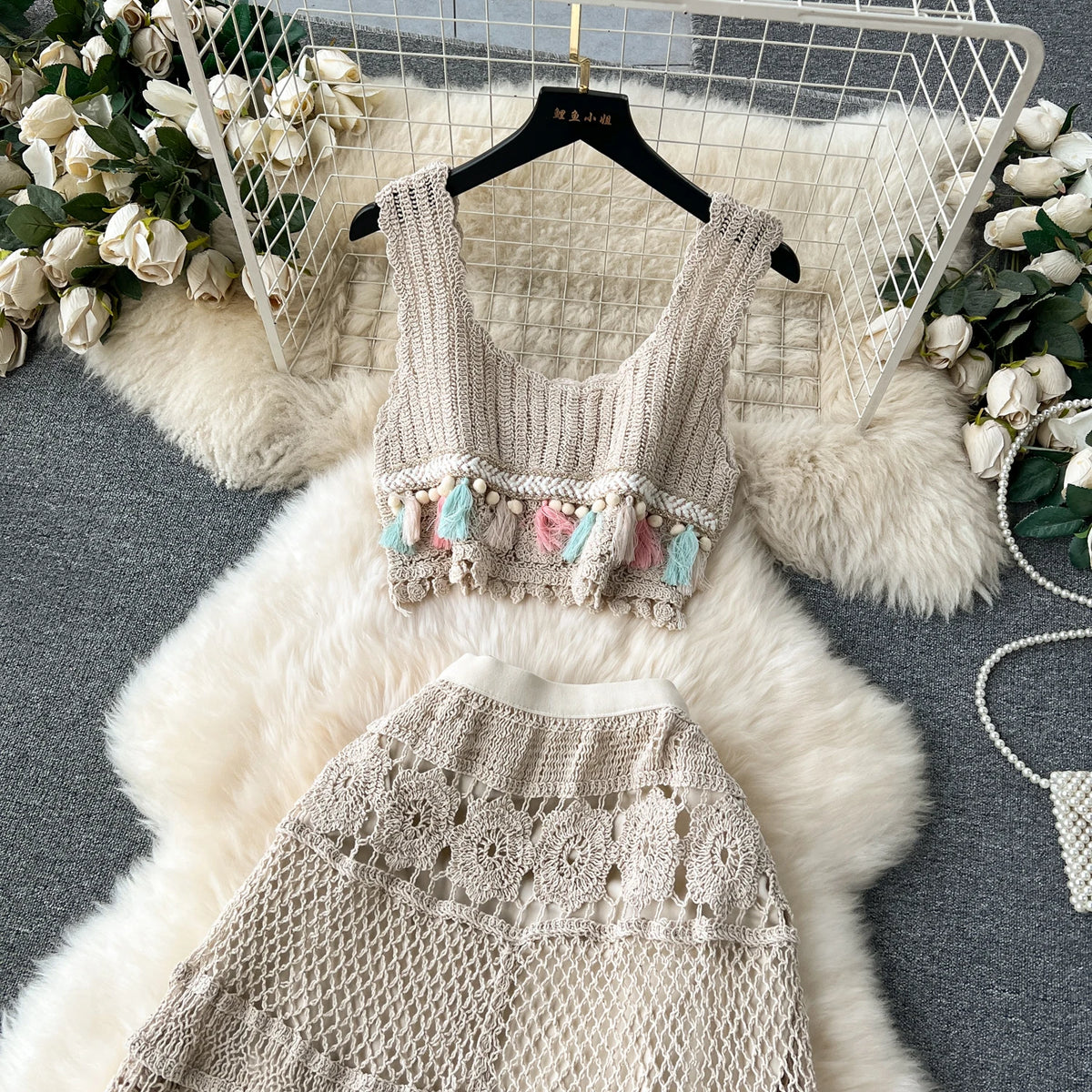 Bohemian Knit Tassel Crop Top and Skirt Set for Women