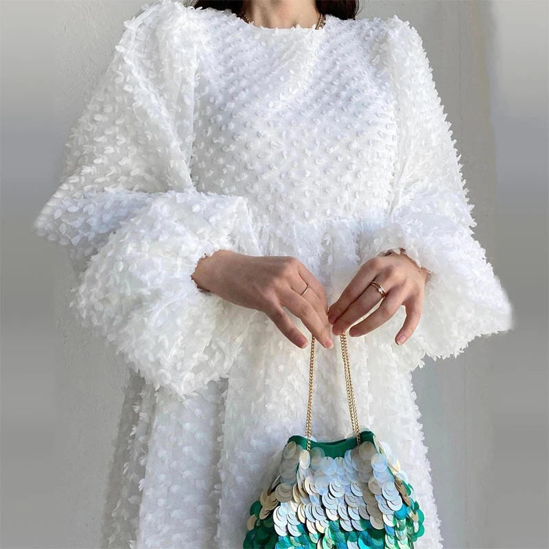 Pleated Lantern Sleeve Ankle Length Dress for Women
